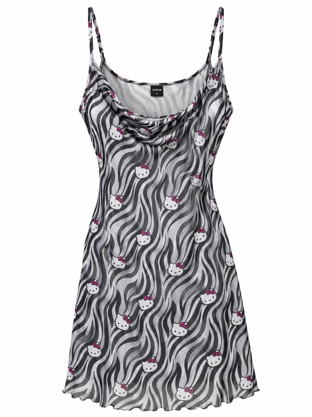 SHEIN X Women's Black & White Hello Kitty Cowl Neck Layered Mesh Slip Dress
